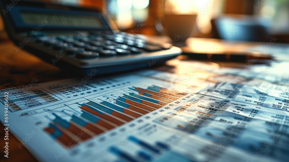 Poster financial graphs, metrics, reports on table with calculator. generative ai.