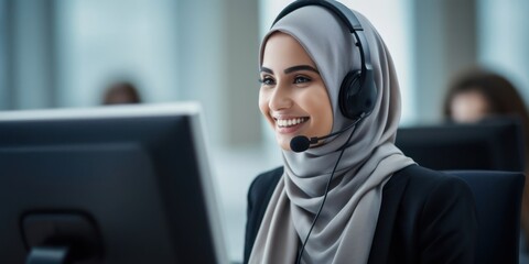Arabic Woman Customer Service Representative Career Attractive Environment Generative AI - obrazy, fototapety, plakaty