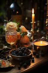 Fototapeta premium Open can of caviar surrounded by candlelight and a romantic ambiance, Generative AI