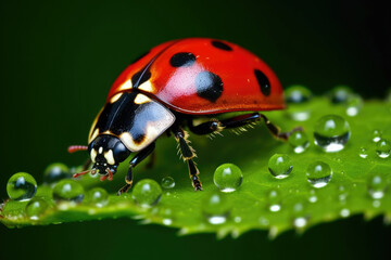 Fototapeta premium Green nature ladybug ladybird red black leaf bugs small insect beetle closeup macro