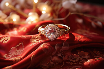 close-up of a diamond ring on red silk. selective focused.