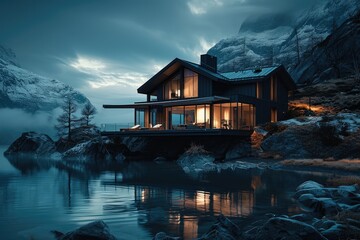 Dark minimalist luxury exterior home near lake with mountains at night. Generative AI. - obrazy, fototapety, plakaty