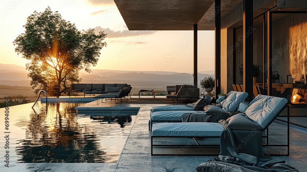 Poster exterior furniture standing next to the pool in a luxurious and modern setting. generative ai.