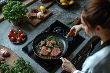 A woman cooking some meat in a pan on an induction stove in a minimalist gray kitchen, Top-angle...