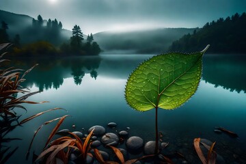 An intimate view of a single dew-covered leaf on a misty morning, with a serene lake and distant...