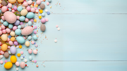 Easter background with easter eggs, candy, pastel colors, room for text on blue wood surface, view...