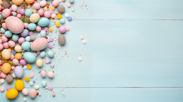 Easter background with easter eggs, candy, pastel colors, room for text on blue wood surface, view from above