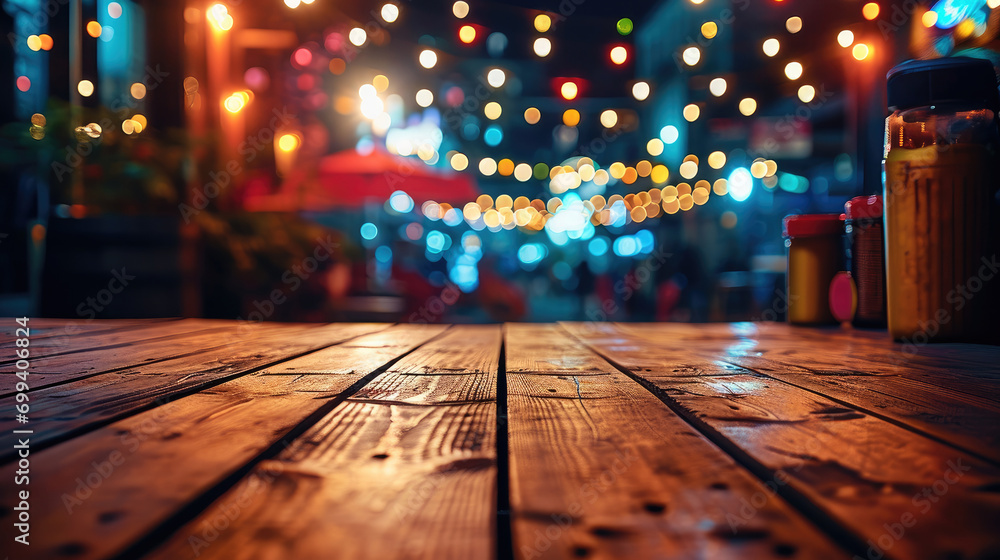 Poster A wooden deck on a carnival background with colorful lights. Generative AI.