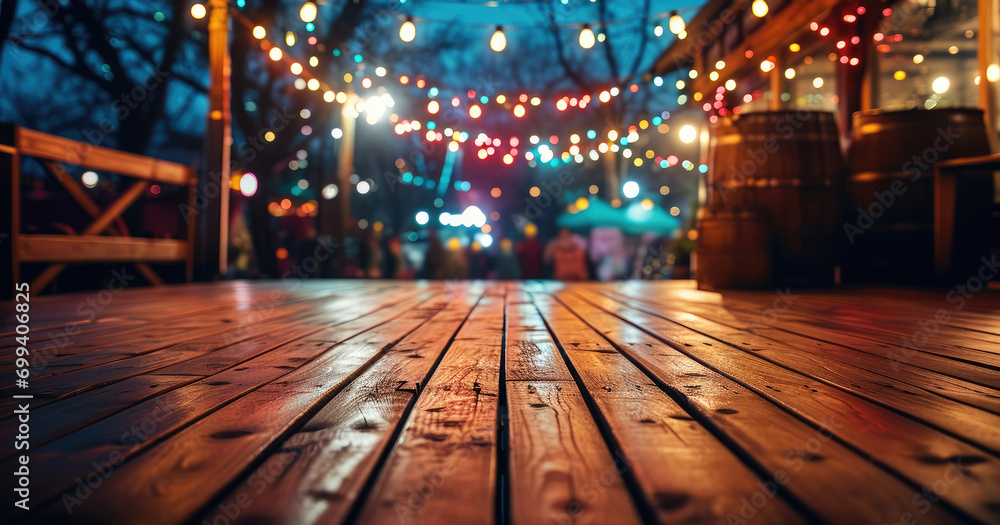 Poster A wooden deck on a carnival background with colorful lights. Generative AI.
