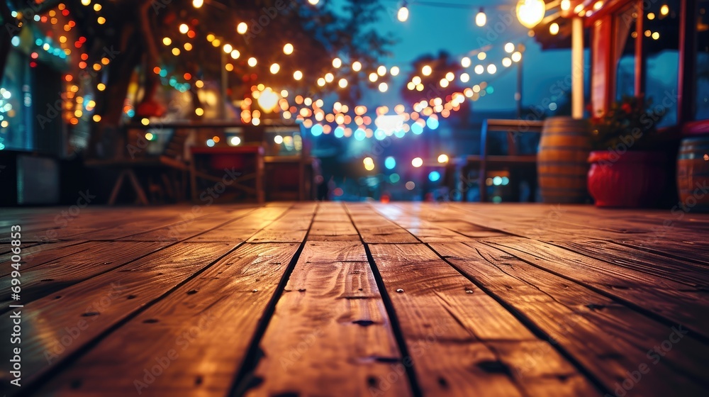 Poster A wooden deck on a carnival background with colorful lights. Generative AI.