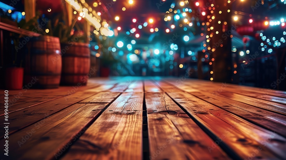 Poster A wooden deck on a carnival background with colorful lights. Generative AI.