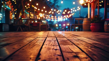 A wooden deck on a carnival background with colorful lights. Generative AI.