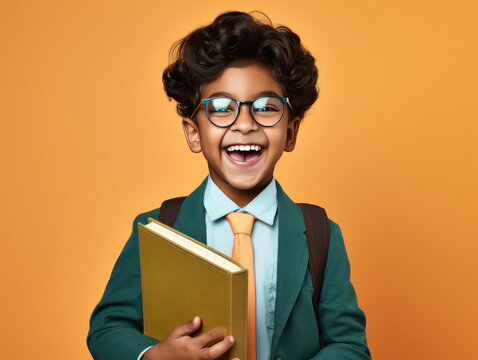 cute indian little boy reading text book