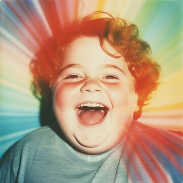 Rollercoaster Face, Insanely Happy Chubby Cheeks Boy, Photo Portrait with Colored Lights, trippy rainbow retro,  mouth wide open, grin, ecstatic, celebrate, joy, funny photo, double exposure