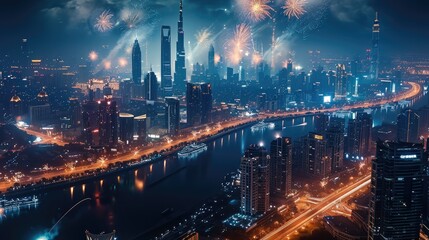 New Year's Eve, 2024, Landscape photos, Fireworks, City, Modern architecture. Generative AI.
