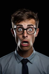 young male college student shocked and wearing eyeglasses