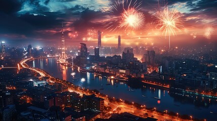 Fototapeta na wymiar New Year's Eve, 2024, Landscape photos, Fireworks, City, Modern architecture. Generative AI.