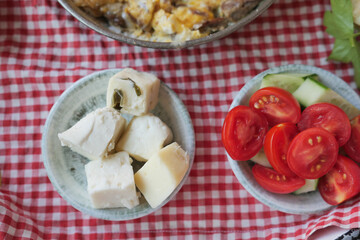 Cheese cubes in a break fast table ,