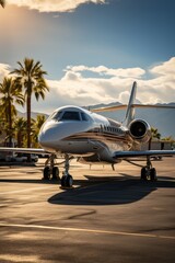 Private jet on a runway, ready for an exotic adventure, Generative AI - obrazy, fototapety, plakaty