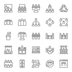 25 forum and class icons in line style, including discussion, group, workspace, organization, class, business and more.