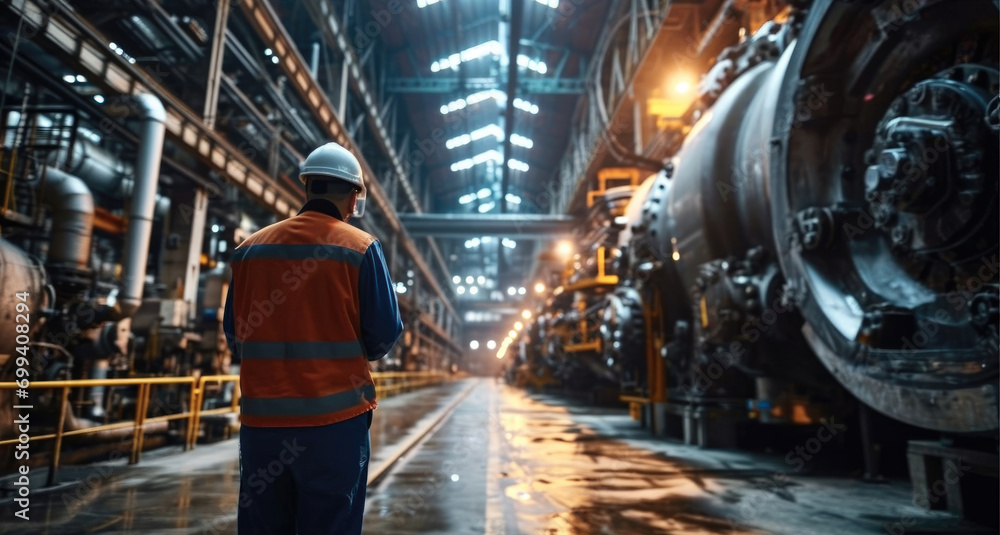 Poster a technician in a hard hat inspecting a large industrial machine with a tablet. generative ai.