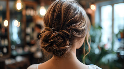 Naklejka premium Woman in hairdresser salon, hair fastened with subtle elegant pin. Generative AI.