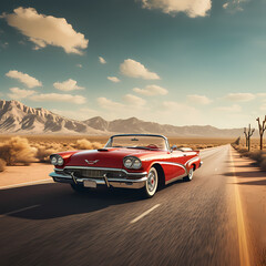 A classic red convertible on a desert highway.