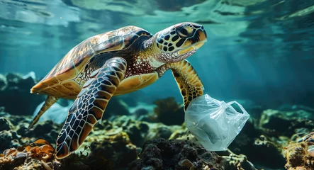 Foto op Aluminium A sea turtle is surrounded by plastic bags under the sea. Generative AI. © visoot