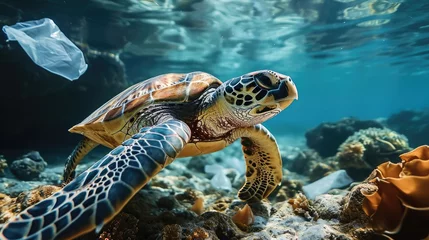 Gordijnen A sea turtle is surrounded by plastic bags under the sea. Generative AI. © visoot