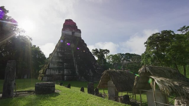 Cinematic shot of Ancient temples and ruins of Tikal National Park, Guatemala