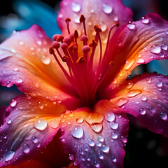 A close-up of a vibrant tropical flower with water droplets.