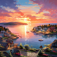 A colorful sunset over a coastal town.