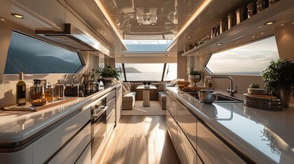 Inside kitchen of modern yacht. Generative AI.