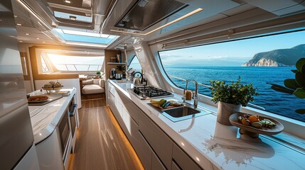 Inside kitchen of modern yacht. Generative AI.