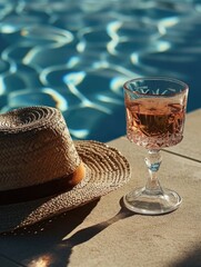 Rose wine in glass by straw hat on the edge of blue swimming pool. Vacation time concept
