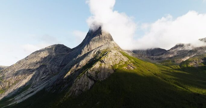 Gigantic Granite Mountain Of Stetinden In Narvik, Nordland County, Norway. Wide Shot