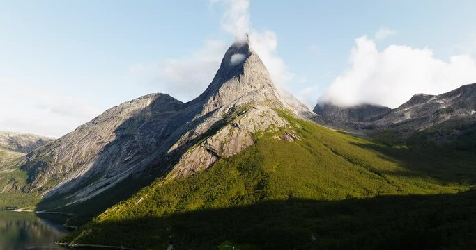 Majestic Stetind Peak During Autumn In Narvik, Nordland County, Norway. Aerial Shot