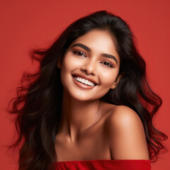 young smiling woman on red background