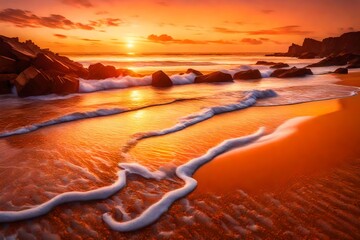 A tranquil beach scene at sunset, with waves gently lapping the shore and the sky ablaze with the warm hues of twilight - obrazy, fototapety, plakaty