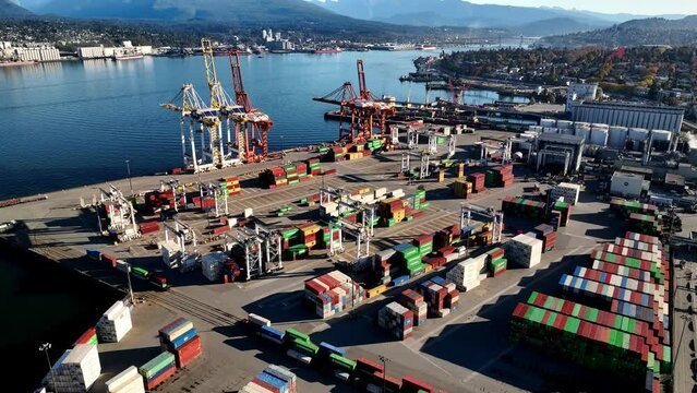 GCT Vanterm Container Terminal in Vancouver, Canada. - aerial pullback shot