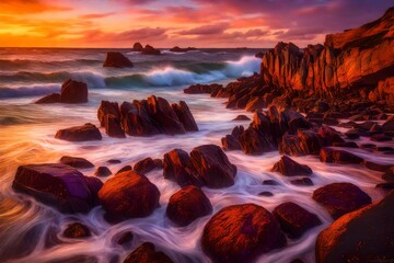 A coastal scene with waves crashing against weathered rocks at sunset, the sky ablaze with vibrant colors of orange and purple 