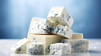 stack of sliced blue cheese on a white background