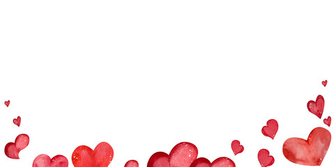 horizontal composition of watercolor bright hearts. isolated on a white background. for the design of banners and postcards.