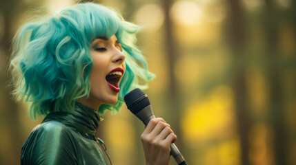 Psychedelic woman with green emerald hair singing in the woods in the middle of green nature - obrazy, fototapety, plakaty