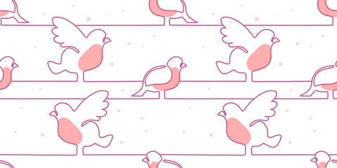 Line drawing bullfinch bird seamless pattern seamless bird pattern light  color on a white background. Pattern drawing hand drawn in free style. Linear vector illustration