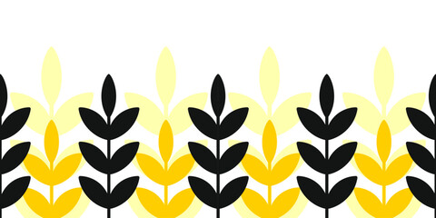 Geometric textile silhouette of leaves seamless border black and yellow trees seamless pattern