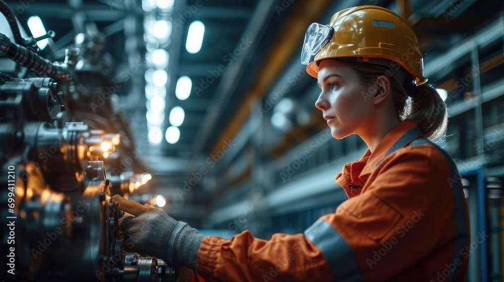 Poster portrait of engineer checking big engine in factory of industry, clear lighting. generative ai.
