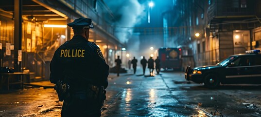 Police inspector at night crime scene. Generative AI technology.	
 - obrazy, fototapety, plakaty