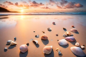 A tranquil beach at dawn, with seashells scattered on the sand and the first light of day coloring...