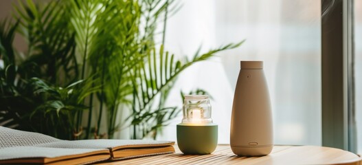 Minimalist home decor with scented candle and aroma diffuser. Interior design and relaxation.
